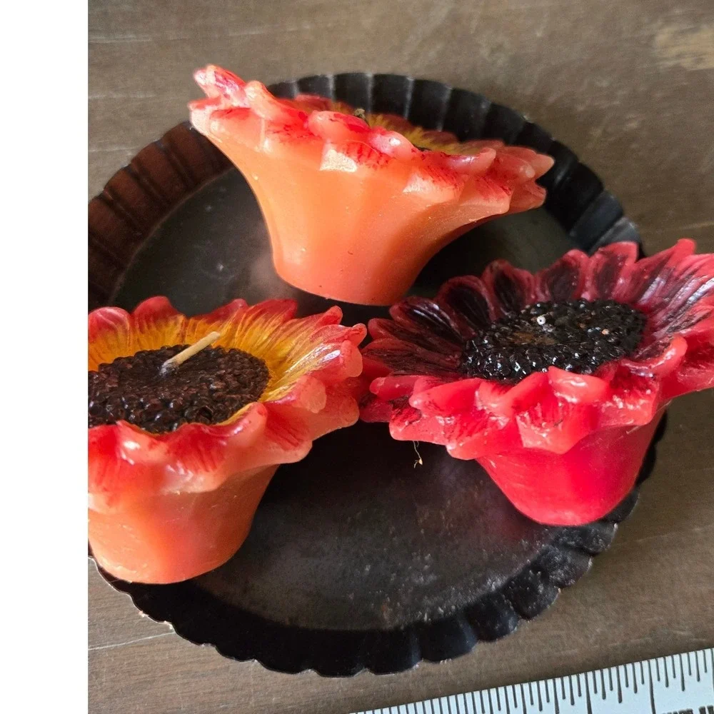 Sunflower Candle Set 3pc with Black Metal Fluted Tart Tin Tray‎ Rustic Decor